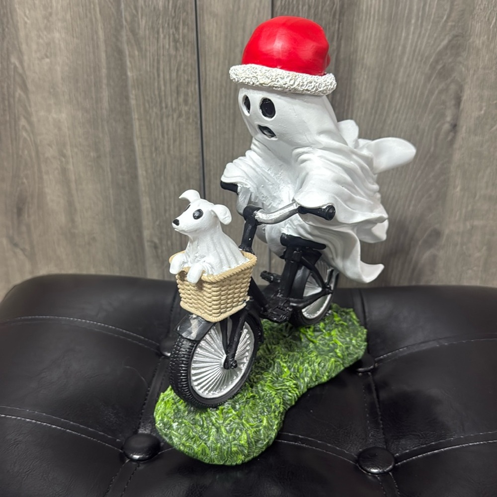 New Goblin & Ghoul Christmas Ghost On Bike With Ghost Dog In Basket Figurine